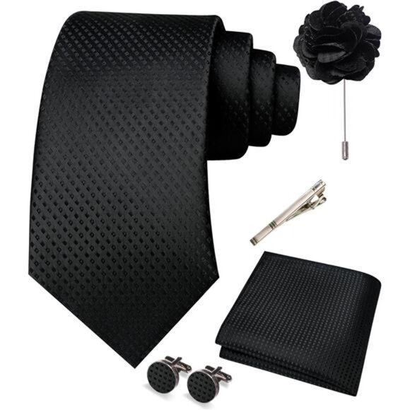 Mens Tie Set Pocket Square Cufflinks Lapel Pin Tie Clip Formal Gift Box - Picture 3 of 5